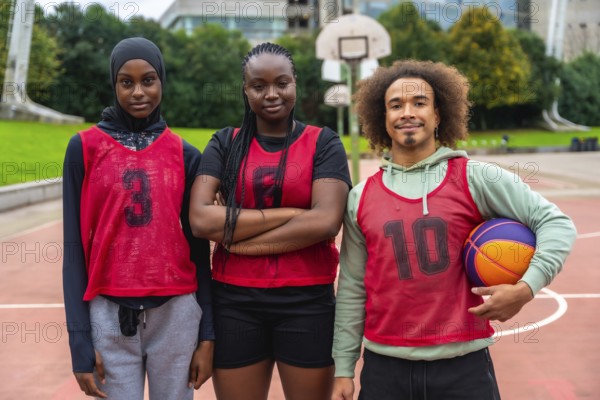 Diverse group of young adult basketball players standing on an outdoor court, proudly wearing sports bibs and a hijabi woman embracing inclusivity in sports