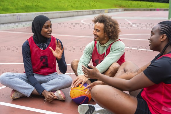 Group of young adult friends from different backgrounds sitting on a basketball court, taking a break and engaging in conversation, sharing a moment of camaraderie and connection