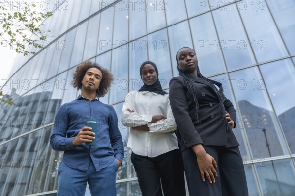 Diverse business team of young professionals standing together with confident expressions against a backdrop of a contemporary glass skyscraper, symbolizing ambition and success