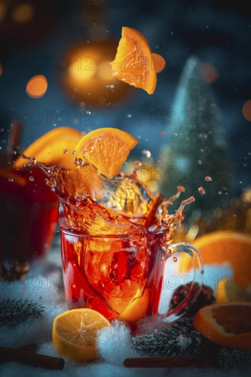 Mulled wine splashes out of a glass with a falling orange slice, wintery atmosphere