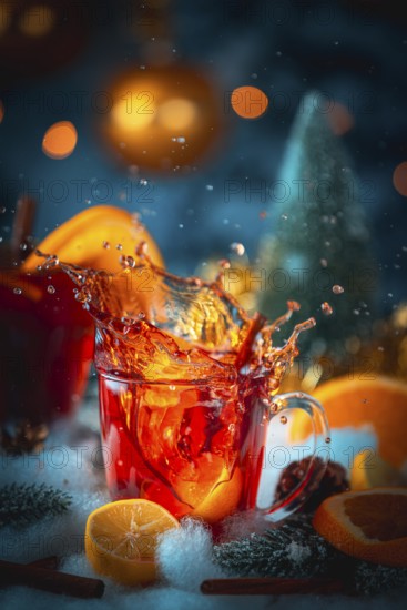 Sparkling mulled wine with oranges and cinnamon on a wintry surface, vivid presentation