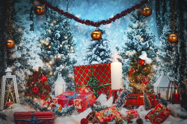 Winter Christmas scene with gifts and candles in front of snowy trees