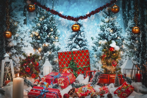 Festive scenery with gifts in front of snow-covered Christmas trees and lights