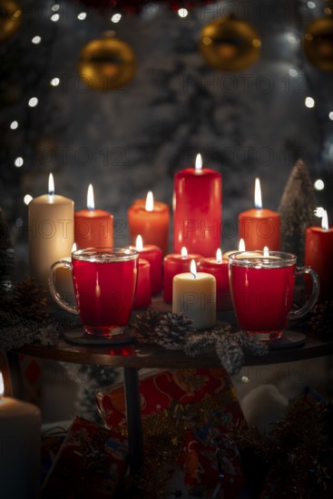 Red and white candles with cups on a table against a Christmas decorated background
