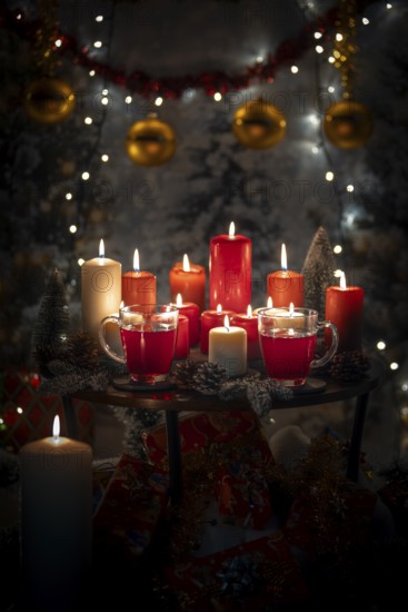 Table with red and white candles and cups, Christmas atmosphere with lights
