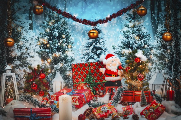Christmas scene with Santa Claus surrounded by lights and gifts against a winter backdrop