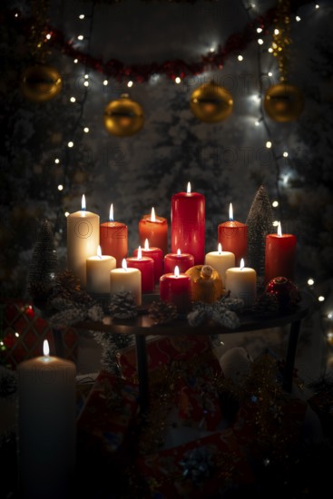 Burning red and white candles on a Christmassy decorated background with balls