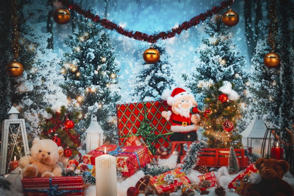 Christmas scene with Santa Claus and stuffed animals surrounded by lights and gifts against a winter backdrop