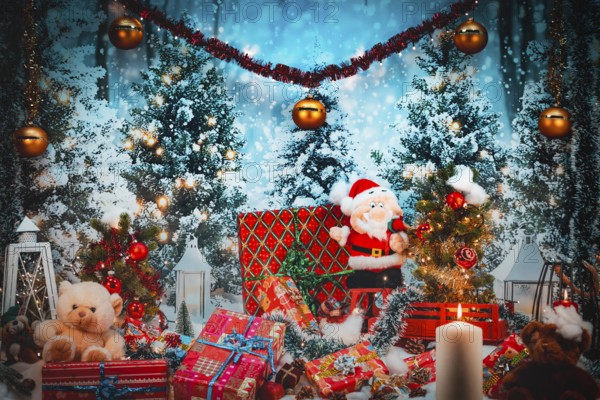 Santa Claus and plush toys in front of snow-covered trees surrounded by festive gifts and candles