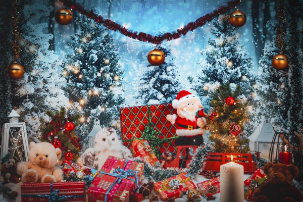 Santa Claus surrounded by gifts, plush toys and festive decorations with a burning candle