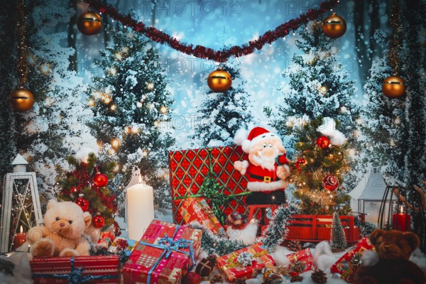 Christmas scene with Santa Claus, candles and colorful gifts against a snow-covered background