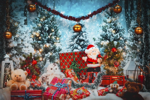 Santa Claus and plush toys surrounded by gifts and lights in snowy winter forest