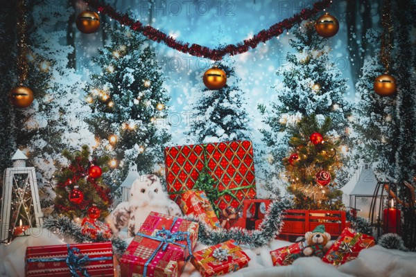 Christmas atmosphere with teddy bear, gifts and snowy trees, festive lights