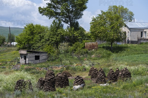 Rural landscape with manure piles, cottage and lush vegetation under slightly cloudy sky, manure piles piled up for storage, house located on Lake Sevan, Gegharkunik province, Armenia