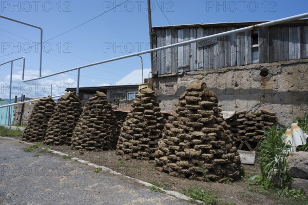Stacked dried cow bricks in front of a wooden house under blue sky, near Sewan, Gegharkunik province, Armenia