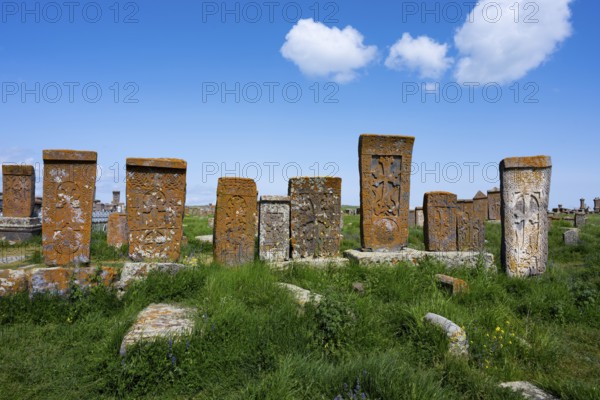 Old crossstones on a green field under a blue sky with clouds, crossstones, khachkars, world's largest khachkar field, Noratus cemetery, Noradus, Gegharkunik province, Armenia