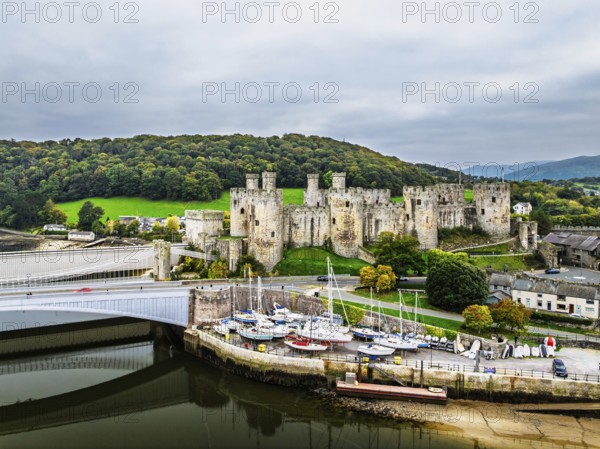 Conwy Castle over River Convy from a drone, Convy, North Wales, England, United Kingdom