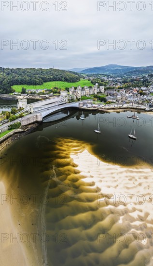 Conwy Castle over River Convy from a drone, Convy, North Wales, England, United Kingdom