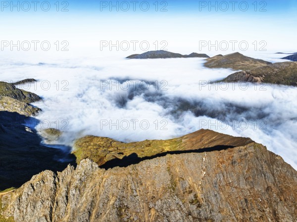 Snowdon Massif from a drone, Snowdon Range, Snowdonia, North Wales, UK