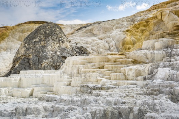 180822_132 Terraced travertine expelled from Palette Spring over time in the Mammoth Hot Springs area of Yellowstone National Park, Wyoming