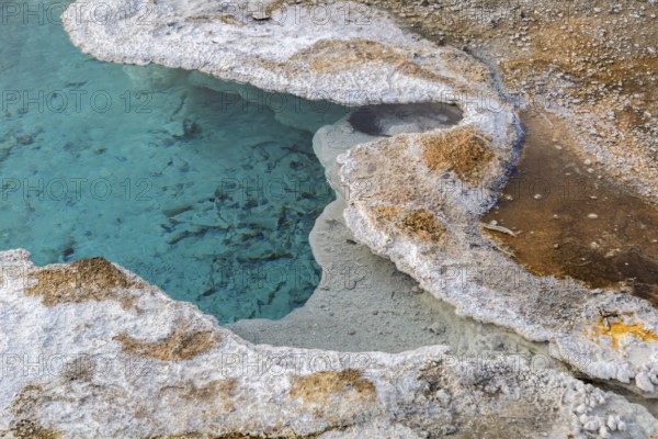 Close up of mineral deposits on the perimeter of a clear blue geyser in the Upper Geyser Basin at Yellowstone National Park