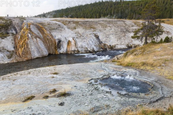 180818_044 Runoff from geysers and hot springs flows into the Firehole River in the Upper Geyser Basin at Yellowstone National Park
