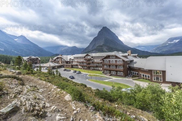 180828-034 Historic Many Glacier Hotel on at Grinnell Point in Glacier National Park in Montana, USA