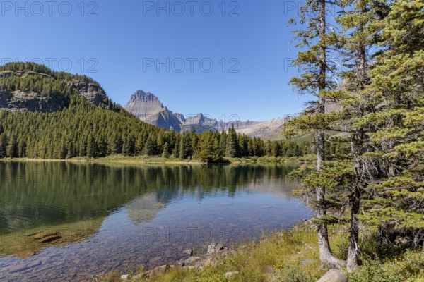 240831_310 Calm clear waters of Swiftcurrent Lake in Glacier National Park, Montana, USA