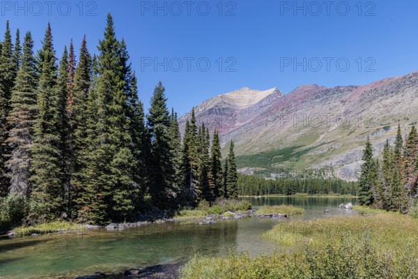 240831_301 Rugged Mountains rise up behind the south end of Swiftcurrent lake in Glacier National Park, Montana, USA