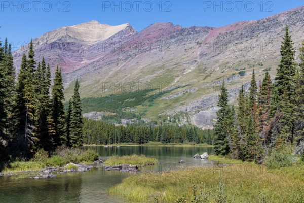 240831_300 Rugged Mountains rise up behind the south end of Swiftcurrent lake in Glacier National Park, Montana, USA