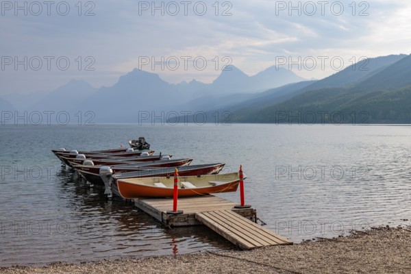 240903_057 Rental boats on a floating dock in Lake McDonald at Apgar Village in Glacier National Park, Montana, USA