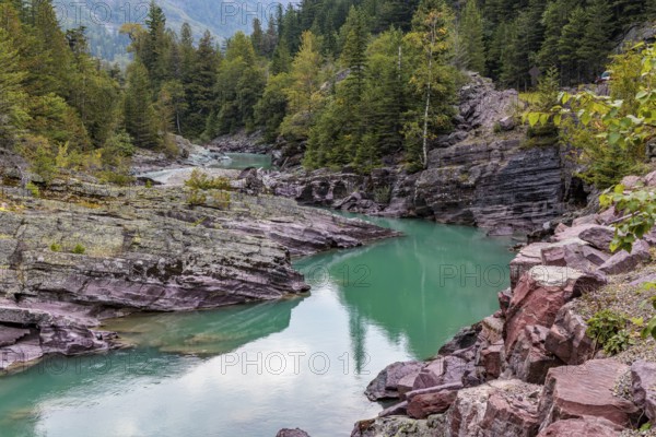 240903_030 McDonald Creek flowing through Red Rock Point along the Going to the Sun Road in Glacier National Park, Montana, USA