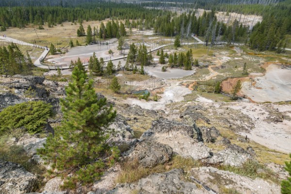 180819_170 Visitors on boardwalk through the Geysers and hot springs of the Artists' Paintpots area of Yellowstone National Park in Wyoming