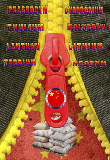 Symbolic image, economic relationship between Germany, EU and China, symbolic zipper open or closed, rare earths, dependent on China with 90% raw material ownership, industry dependency, rare earths for Europe and USA, Trump and Xi Jinping, semiconductor crisis, chip shortage, raw materials, suppliers China and Russia, Germany without mineral resources, scarcity of fossil fuels, energy supply, energy transition, phase-out of nuclear energy, production stop in the automotive industry, defense industry, computer chips, smartphones, screens, batteries