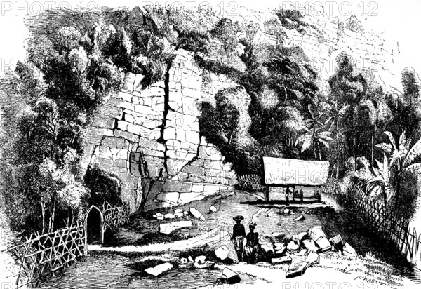 Caves with edible swallow nests in Java, food, swallows, nest, travel, indigenous population, wooden fence, plot, wooden hut, rock wall, tropical vegetation, palm trees, family, life, Indian Ocean, Indonesia, historical illustration around 1900