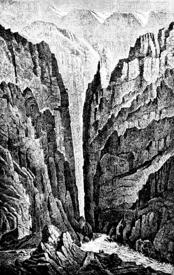 Colorado Grand Canyon, Rocky Mountains, canyon, mountain landscape, erosion, rocks, geology, soft rock, Arizona, North America, travel, historical illustration around 1900