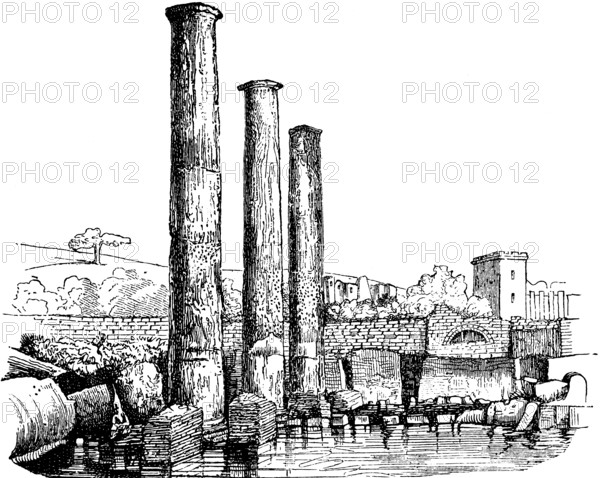 The Roman ruins of Macellum in the town of Pezzulo, market place at the ancient port, water, building, tower, stone wall, three pillars of Roman times, Roman history, Campania, Italy, travel, historical illustration around 1900