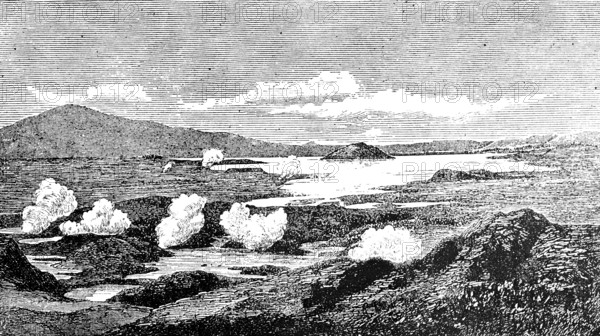 Lake Rotorua, lake with surrounding hot springs, volcanic activity, hot water vapor, mountain landscape, travel, North Island, New Zealand, historical illustration around 1900