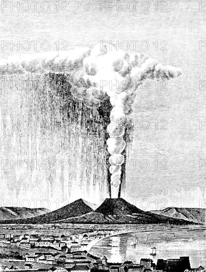 Volcanic eruption of Vesuvius in 1822, stratovolcano, natural disaster, ash rain, lava, geology, city, houses, Mediterranean Sea, travel, Gulf of Naples, Campania, Italy, historical illustration around 1900