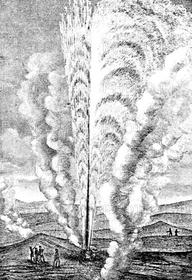 Eruption of the Beehive geyser in Yellowstone National Park, huge altitude, water vapor, hot water fountains, pressure, geology, natural spectacle, people, mountainous landscape, Wyoming, North America, travel, historical illustration around 1900
