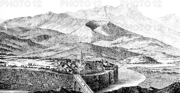 Volcanic boiler with basaltic lava from Jaujac on the Lignon, stratovolcano, volcanic cone, geology, mountain landscape, stone bridge, town with church, Ardèche department, France, historical illustration around 1900