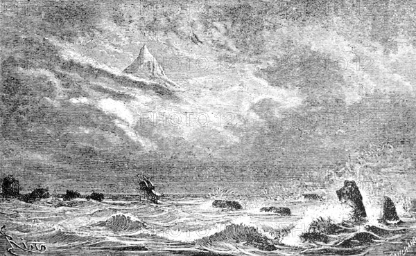 Storm in the Norwegian Sea around the island of Jan Mayen, Greenland Sea, North Atlantic Ridge, mountain peaks, individual rocks, two-masters, storm clouds, foam crowns, storms, meteorology, geology, Norway, travel, historical illustration around 1900