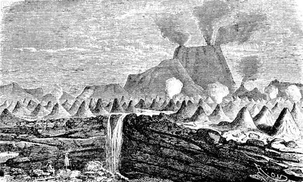 Smoking volcano with numerous eruption cones, geology, volcanic field, waterfall, rock wall, observer, Mexico, travel, historical illustration around 1900
