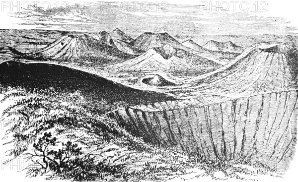 Volcanic craters and tuff cones in Auvergne, stratovolcanoes, stratovolcanoes, main craters, secondary craters, cinder cones, tuff, natural landscape, France, travel, historical illustration around 1900