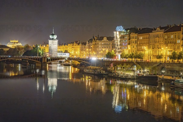 Masaryk Embankment with Sitkov Water Tower at Dusk, Prague, Czech Republic