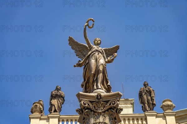 Statue on the Rudolfinum, concert and gallery building of the Czech Philharmonic Orchestra in Prague, Czech Republic