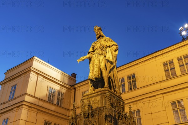 Monument to Emperor Charles IV on Kreuzherrenplatz at dusk, Prague, Czech Republic