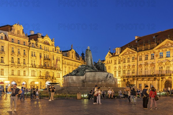 Jan Hus monument on Old Town Square at dusk, Prague, Czech Republic