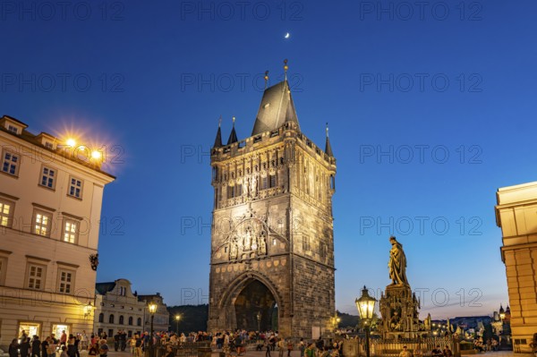 The Gothic Old Town Bridge Tower at dusk, Prague, Czech Republic