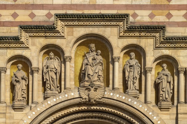 Sculptures of the five patron saints on the façade of Speyer Cathedral in Speyer, Rhineland-Palatinate, Germany